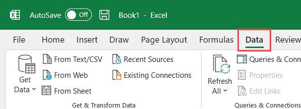Nhấn vào thẻ Data trên thanh công cụ