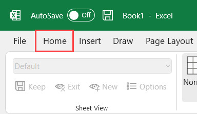 Nhấn vào thẻ Home trên thanh công cụ Excel