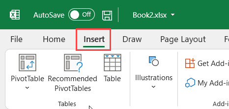 Nhấn vào thẻ Insert trên thanh công cụ Excel