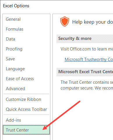 Nhấn vào Trust Center trong hộp thoại Excel Options