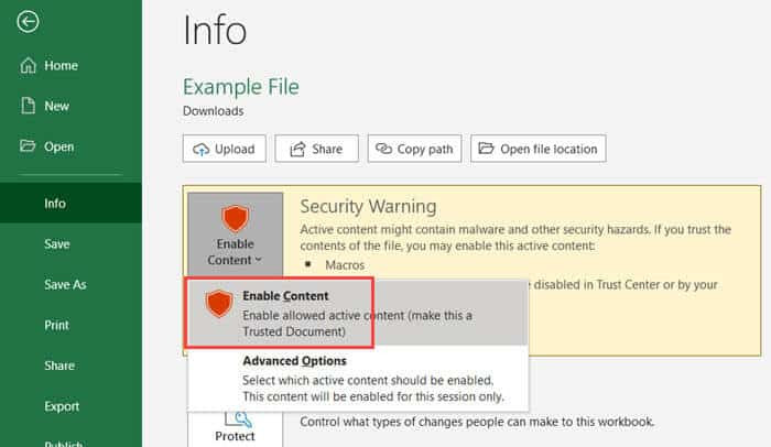 Nhấn vào tùy chọn Enable content trong phần Security Warning