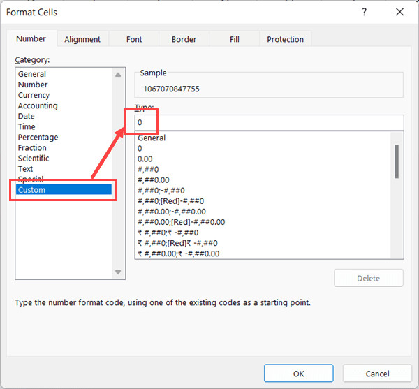 Nhập 0 vào ô Type trong mục Custom của hộp thoại Format Cells