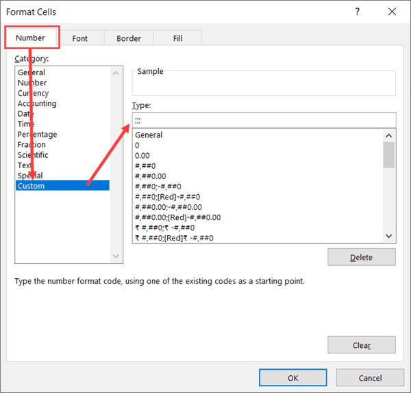 Nhập ba dấu chấm phẩy vào ô Type để ẩn hoàn toàn nội dung hiển thị