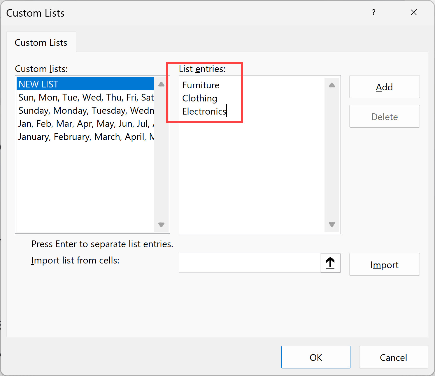 Nhập các mục danh sách tùy chỉnh vào khung List entries