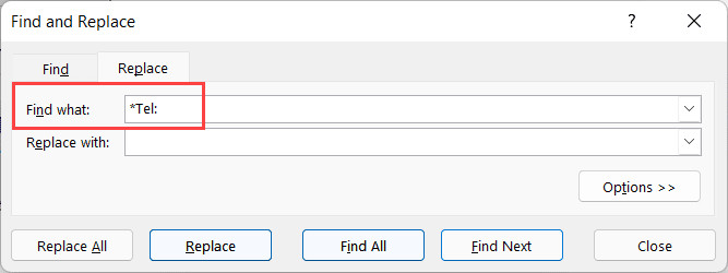 Nhập chuỗi ký tự đại diện vào ô Find what