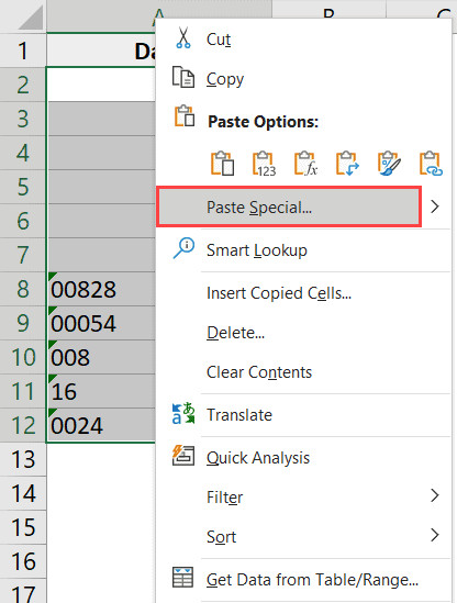 Nhấp chuột phải và chọn Paste Special để mở hộp thoại