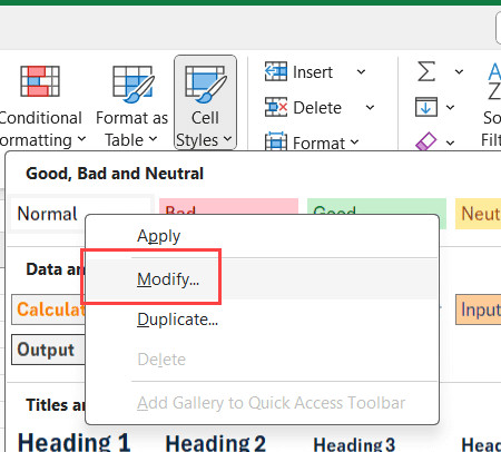 Nhấp chuột phải vào Normal style và chọn Modify