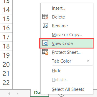 Nhấp chuột phải vào tab Sheet và chọn View Code