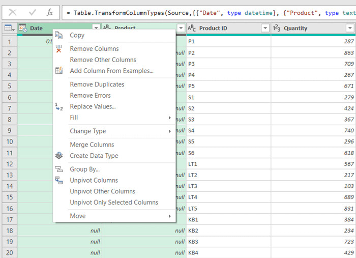 Nhấp chuột phải vào tiêu đề các cột đã chọn