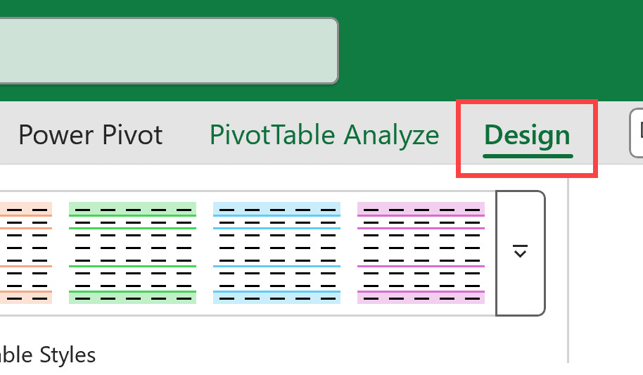 Nhấp chuột vào thẻ Design trên thanh công cụ Ribbon của Excel