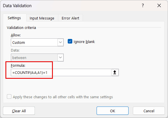 Nhập công thức COUNTIF để kiểm tra tính duy nhất của dữ liệu