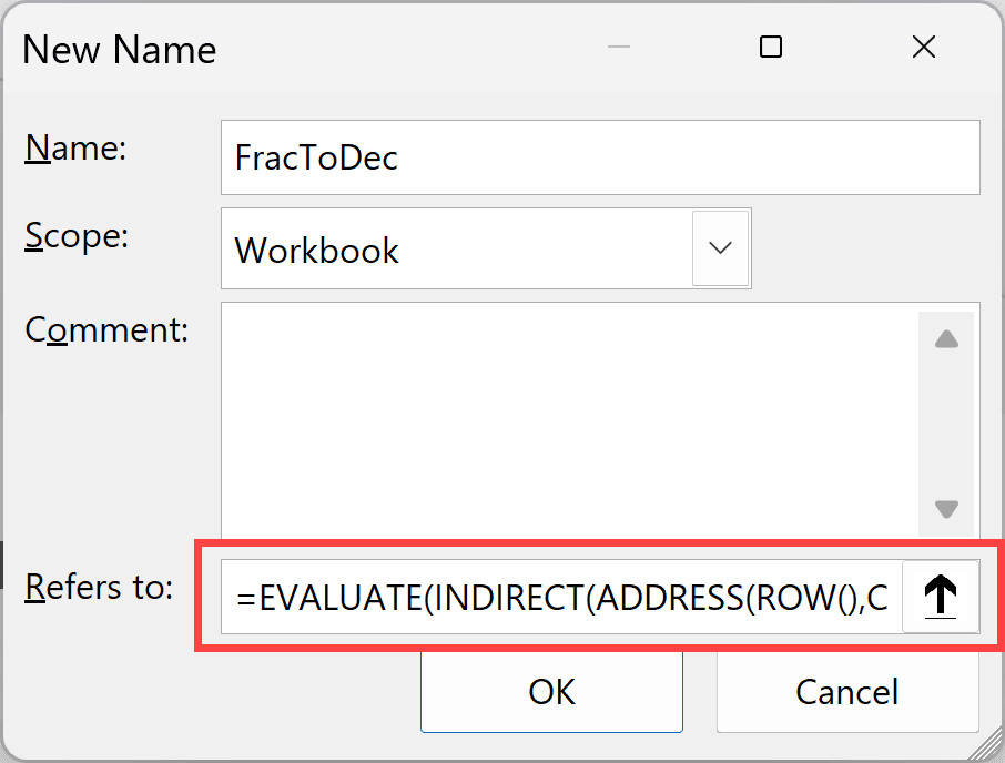 Nhập công thức EVALUATE vào hộp thoại New Name