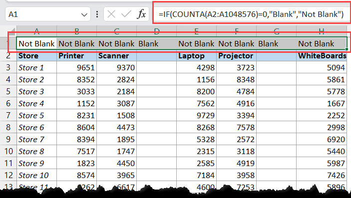 Nhập công thức IF và COUNTA vào hàng phụ trợ