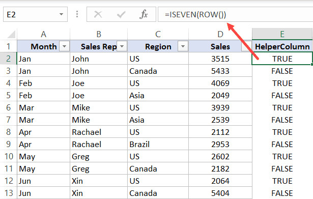 Nhập công thức ISEVEN vào cột phụ và sao chép xuống dưới