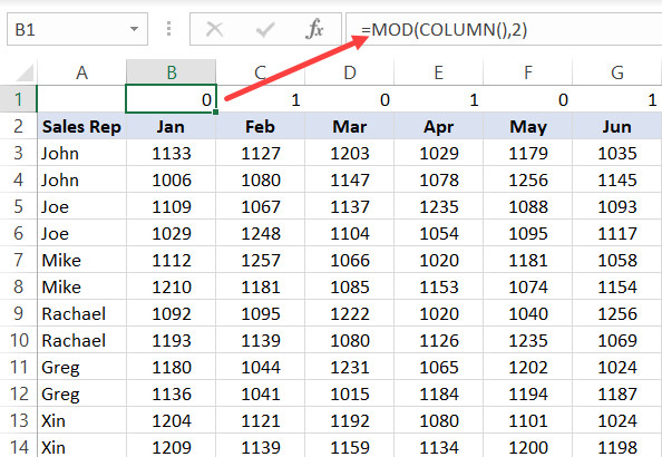 Nhập công thức MOD vào dòng mới chèn