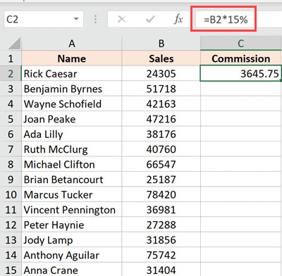 Nhập công thức nhân giá trị cột B với 15 phần trăm