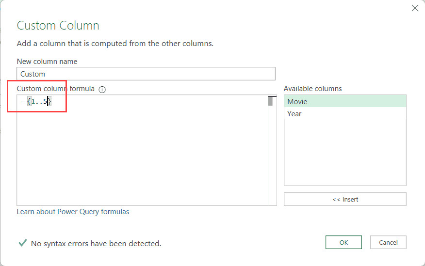 Nhập công thức tạo danh sách vào hộp thoại Custom Column