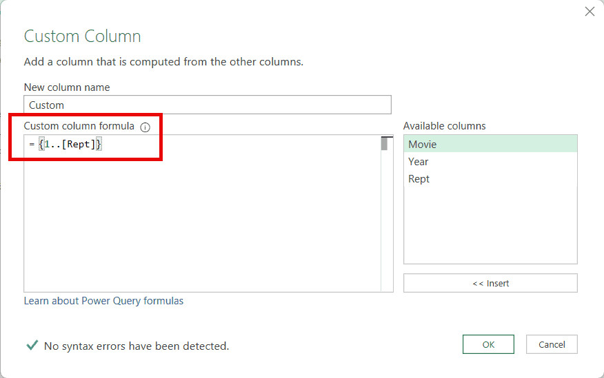 Nhập công thức tham chiếu cột động vào Custom Column