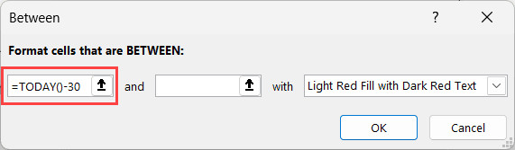Nhập công thức Today trừ 30 ngày