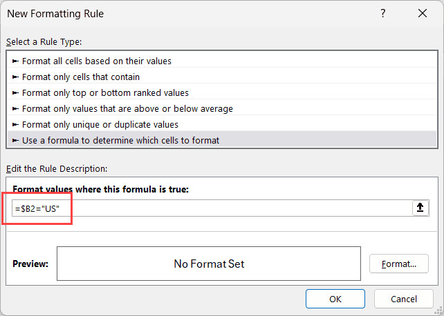 Nhập công thức và định dạng có điều kiện để tô sáng toàn bộ hàng dựa trên ô khác
