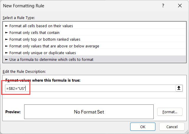 Nhập công thức vào trường công thức trong định dạng có điều kiện