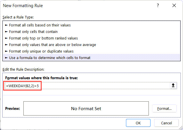 Nhập công thức WEEKDAY vào hộp thoại tạo quy tắc mới