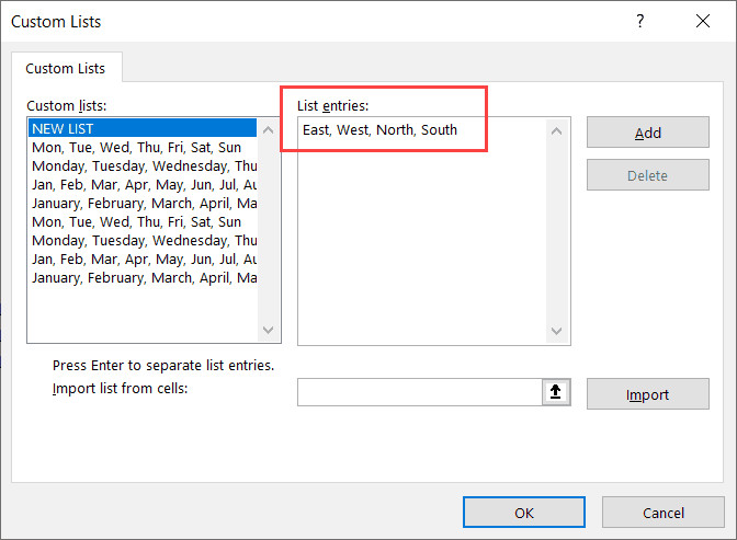 Nhập danh sách tùy chỉnh vào hộp thoại