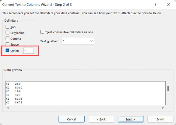 Nhập dấu gạch ngang làm ký tự phân cách