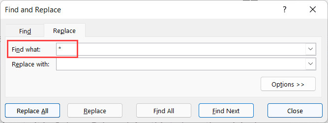 Nhập dấu sao và dấu cách vào ô Find what