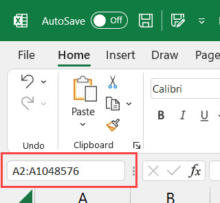Nhập địa chỉ A2:A1048576 vào Name Box