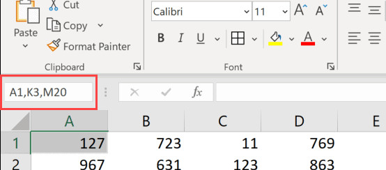 Nhập địa chỉ các ô cần chọn vào Name Box