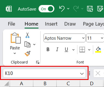 Nhập địa chỉ ô K10 vào Name Box để di chuyển nhanh