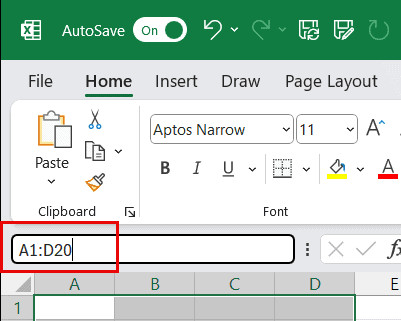 Nhập địa chỉ vùng A1 hai chấm D20 để chọn toàn bộ vùng này