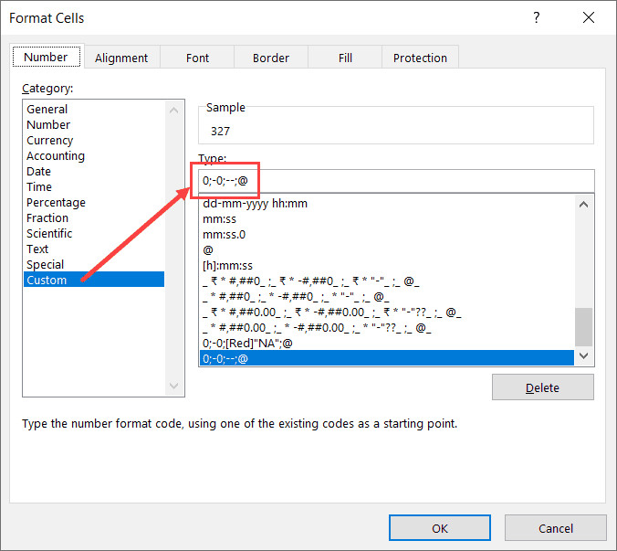 Nhập định dạng để thay thế số 0 bằng dấu gạch ngang