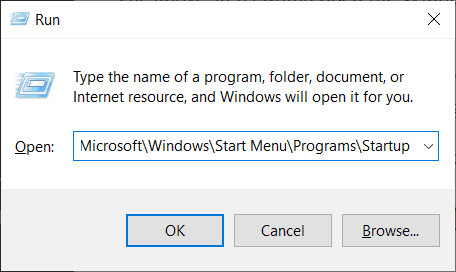 Nhập đường dẫn mở thư mục Startup của Windows trong hộp thoại Run
