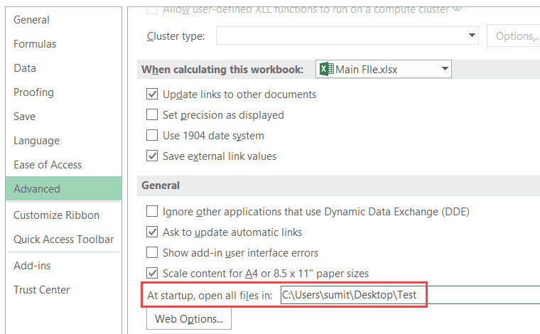 Nhập đường dẫn thư mục muốn mở tự động trong thẻ Advanced