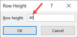 Nhập giá trị chiều cao dòng trong hộp thoại