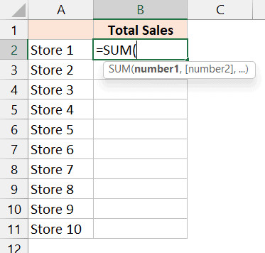 Nhập hàm SUM vào ô B2 trong trang tính Summary