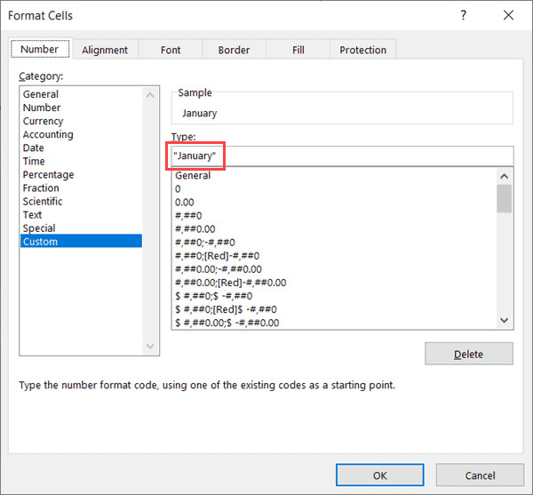 Nhập January in double quotes