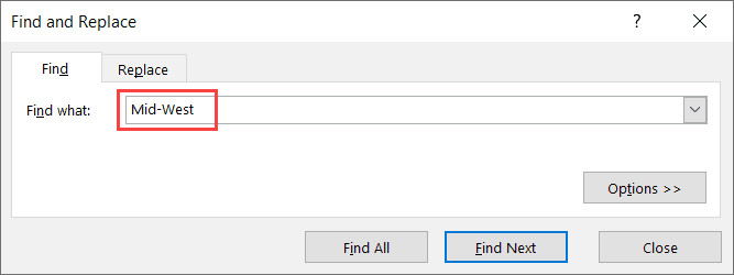 Nhập khu vực vào trường find what