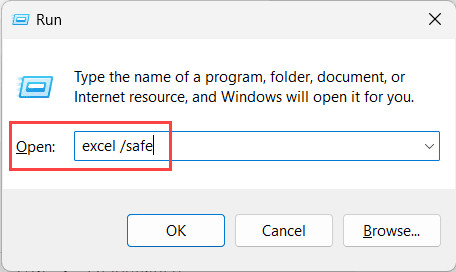 Nhập lệnh excel /safe vào hộp thoại Run trên Windows