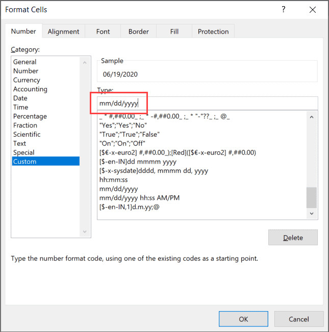 Nhập mã dd/mm/yyyy vào ô Type để định dạng theo chuẩn Việt Nam