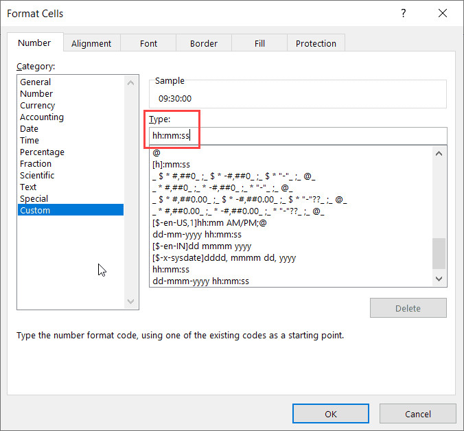 Nhập mã định dạng để hiển thị giờ phút giây