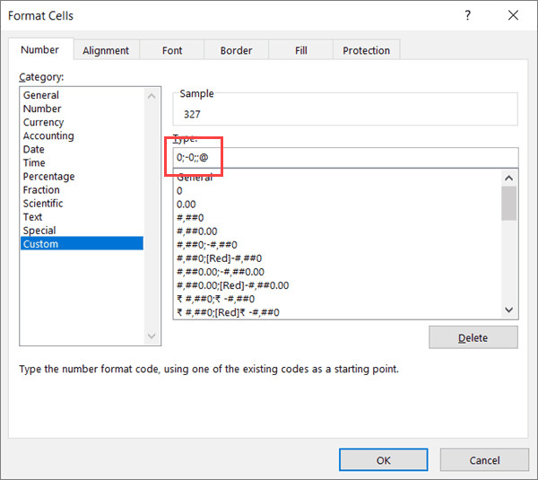 Nhập mã định dạng tùy chỉnh 0;-0;;@ để ẩn số 0