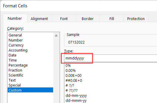 Nhập mã mmddyyyy vào ô Type