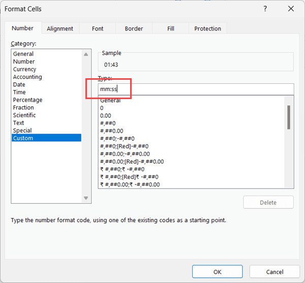 Nhập mm:ss vào trường Type để hiển thị phút và giây
