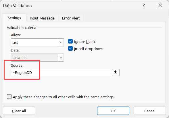 Nhập tên Named range vào trường Source của Data validation