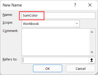 Nhập tên SumColor và công thức GET.CELL vào hộp thoại