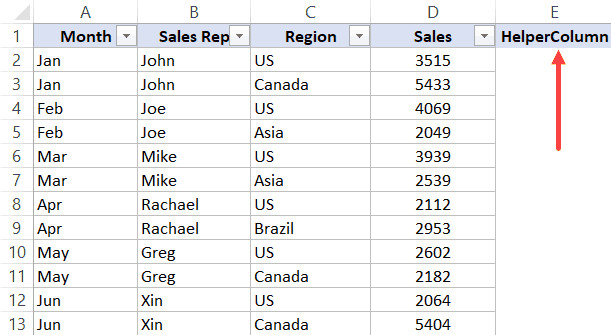 Nhập tiêu đề HelperColumn vào cột liền kề