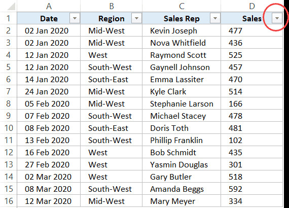 Nhấp vào biểu tượng lọc cho cột sales